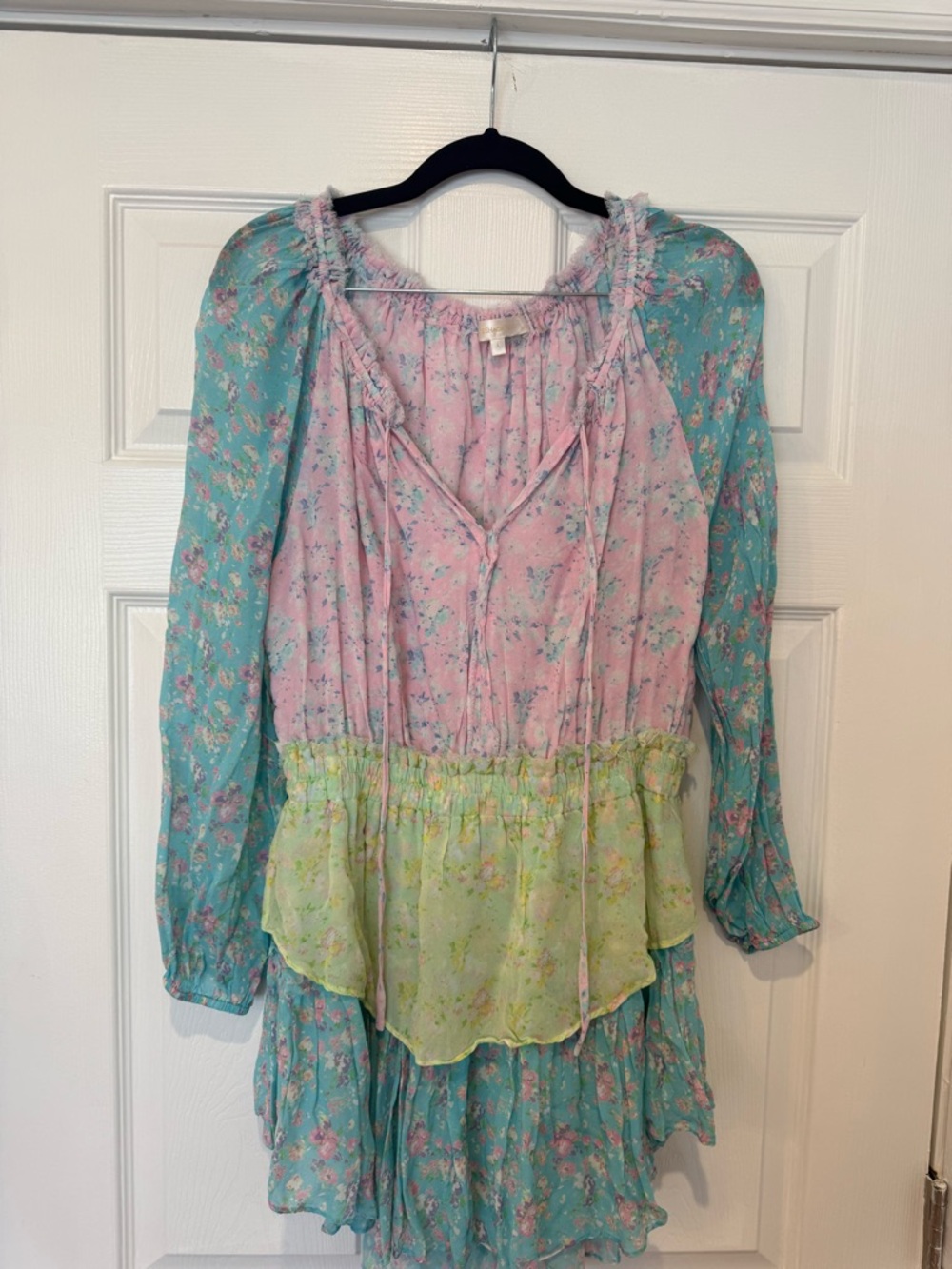 LOVE SHACK FANCY Pastel Floral Boho Peasant Dress - Pink, Teal & Lime